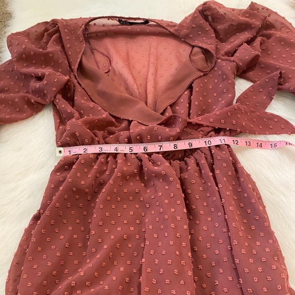 Zara Rose Pink Swiss Dot V-Neck Long Sleeve Wrap Romper Mini Dress Size XS - Picture 9 of 11